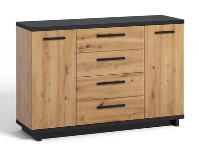 Produktbild von Kommode INES IN-01 mit 4 Schubladen 2 Türen 135 cm Sideboard [Eiche Artisan + Schwarz]