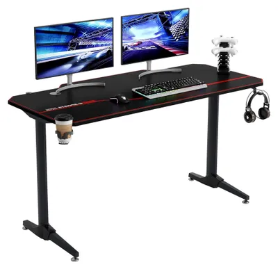 Produktbild von Gaming Tisch mit Kopfhörerhalterung und Getränkehalter (Schwarz, 140x66x75cm)