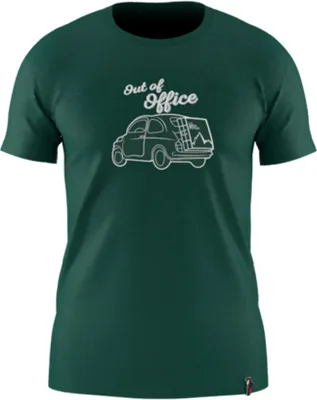 Cinquecento T-Shirt von La Sportiva in grün mit Aufdruck "Out of Office" und Fahrzeuggrafik.