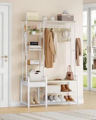Imagen del producto de Perchero con banco, color blanco - Estante para ropa 5 en 1, con 17 ganchos y capacidad de carga de 200 kg