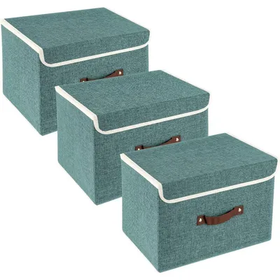 Productafbeelding van Opvouwbare opbergbox met deksel, van stof, wasbaar, set van 3, 38x25x25 cm, kleur: diepblauw