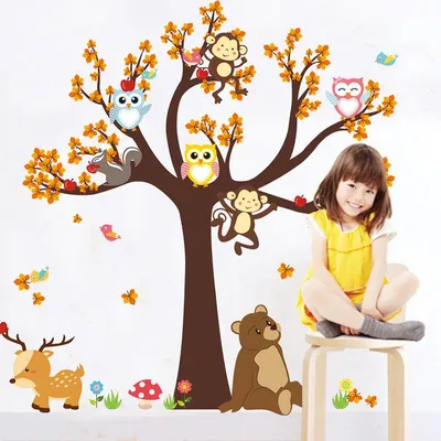 Produktbild von Riesige Baum-Wandaufkleber mit Eule, Affe und Bär