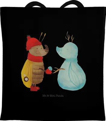 Produktbild von Mr. & Mrs. Panda Jutebeutel Nachtfalter Schneemann - Schwarz - Geschenk, Winter, Tasche, Schultasche, Schnee, Jutetasche, Weihnachten, Laptoptasche, Weihnachtsgruß