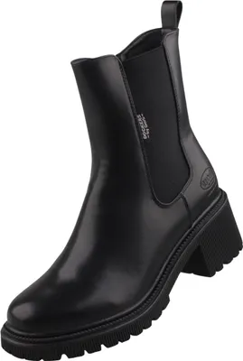 Auf dem Bild ist ein schwarzer Stiefel zu sehen der von der Seite betrachtet wird. Der Stiefel hat eine glatte Oberfläche und eine markante Sohle die ihn robust erscheinen lässt.