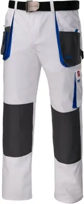 A pair of white work pants with gray and blue accents and multiple pockets.