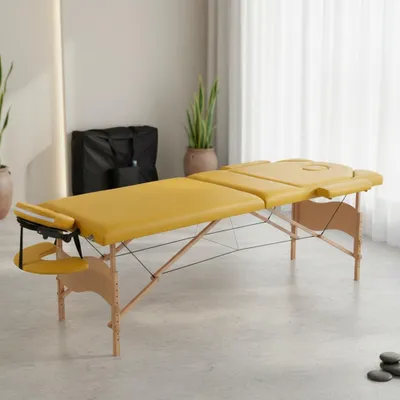 Image de Table de massage 3 zones en bois jaune Banc de thérapie Table cosmétique pliable Mobil Tragen