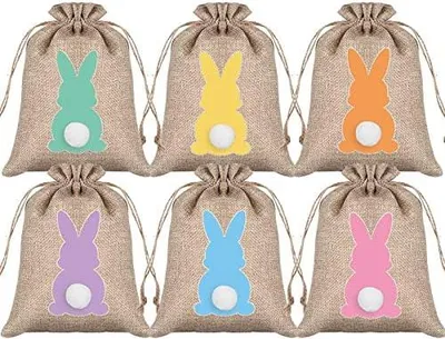 Produktbild von JMOCD 24PCS Easter Burlap with Drawstring,Oster Jutebeutel, Oster Geschenktüten zum Kordelzug,Candy Tüten Geschenktüten Hasen Ostertüte, Osterhase Beutel mit Kordelzug,Geschenktüte Ostern Geschenke