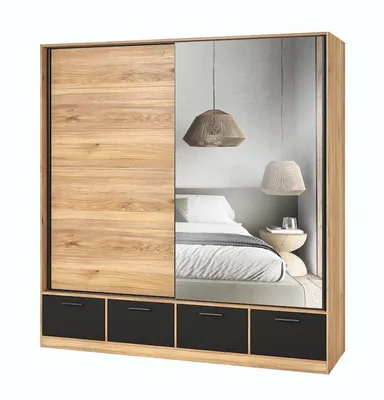 Obrázok produktu pre Zrkadlová šatníková skriňa 200 cm CROWEL - dub mauvella / čierna