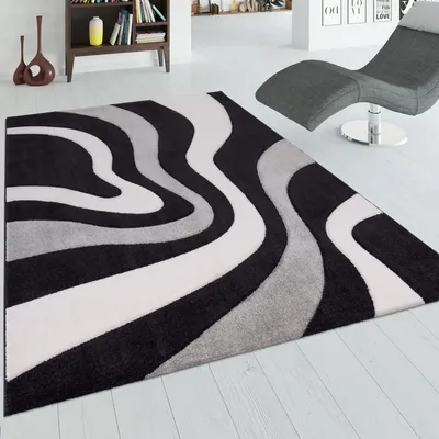 Produktbild von Designer Teppich mit Konturenschnitt Wellen Muster Schwarz Grau Weiss Grösse 160x230 cm