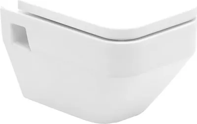 A close-up view of a white wall-mounted toilet.