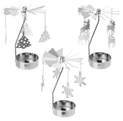 Produktbild von 3 Stück Rotierender Kerzenhalter aus Metall mit Schneeflocken, Weihnachtsbaum, Rentier und Spinnen für Teelichter