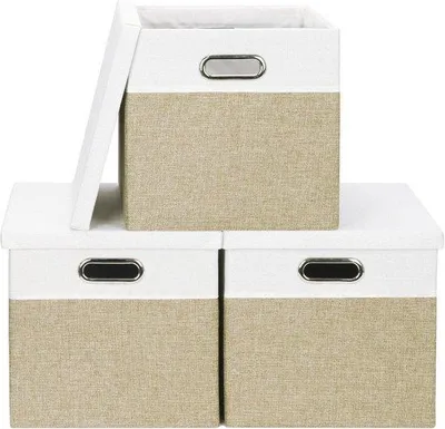 Produktbild von Famanu Aufbewahrungsboxen mit Deckeln - faltbare Stoffaufbewahrung - Spielzeugbox hellbraun und weiß - 30 x 30 x 30 cm - 3 Stück