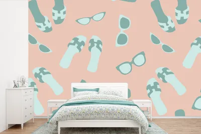Produktbild von MuchoWow® Fototapete für Wohnzimmer oder Schlafzimmer Wandtapete Vinyl Motivtapete Sommer - Sonnenbrille - Hausschuhe - Pastellfarben - 600x400 cm - Vinyltapeten