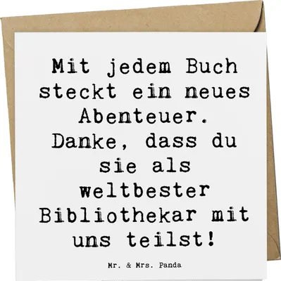 Produktbild von Mr. & Mrs. Panda Grußkarte Spruch Bibliothekar Abenteuer - Weiß - Geschenk, Glückwunschkarte, Danke, Buchliebhaber, Stille Helden, anlasskarte, sagen, Aufmerksamkeit