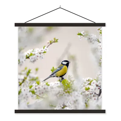 Produktbild von MuchoWow® Textilposter Vogel - Kohlmeise - Blumen - Blütenbaum 90x90 cm mit schwarzem Rahmen - Magnetisches