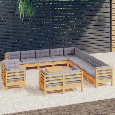 Immagine prodotto di The Living Store Set da salotto da giardino da 14 pezzi con cuscini grigi in legno di pino massiccio
