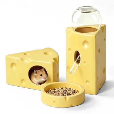 Keramik-Hamsterversteck 3-in-1 mit Futternapf, Käseform, gelb