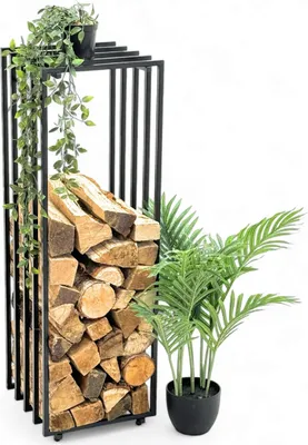 A black metal firewood rack filled with logs, next to a potted plant.