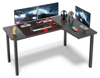 Produktbild von LAPAMAX Gamingtisch in rechtsseitiger L-Form, 157,5 x 111,8 cm großer Eckschreibtisch aus schwarzer Spanplatte mit Metallbeinen und Mauspad für Homeoffice