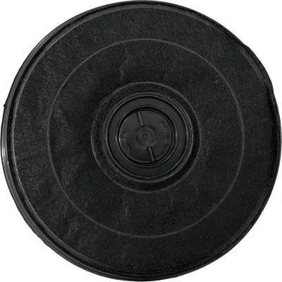 A top-down view of a round black carbon filter with a central black plastic cap.