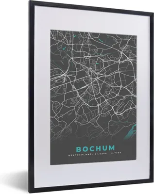 Produktbild von MuchoWow® Gerahmtes Poster Karte - Bochum - Blau - Stadtplan - Deutschland 30x40 cm - Poster mit Schwarzem Bilderrahmen Wandposter Rahmen Foto Bilder - Wandposter Schlafzimmer