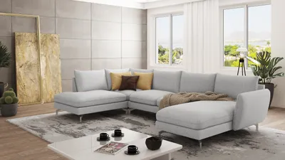 Produktbild von S-STYLE MÖBEL - Frema Wohnlandschaft mit Silber Metall Füßen aus Silber Luxusmicrofaser - Ottomane rechts, B/T/H: 336 cm/ 200 cm/ 87 cm