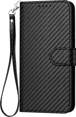 A black carbon fiber textured phone case with a wrist strap, shown against a white background.