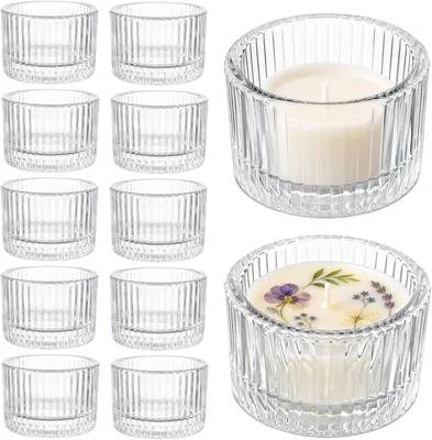 Imagen del producto de Juego de 12 portavelas transparentes, candelabros de vidrio de 5 x 3,5 cm, estilo vintage, ideales para aromaterapia y perfectos para la decoración de bodas