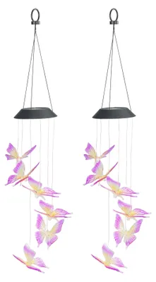 Produktbild von Maximex LED Windspiel Mod. Schmetterling Solar, 2er Set, wetterfestes, solarbetriebenes Garten-Windspiel, leuchtet im Dunkeln, mit Solar-Panel und Aufhängehaken, 12,5 x 78 x 12,5 cm, bunt