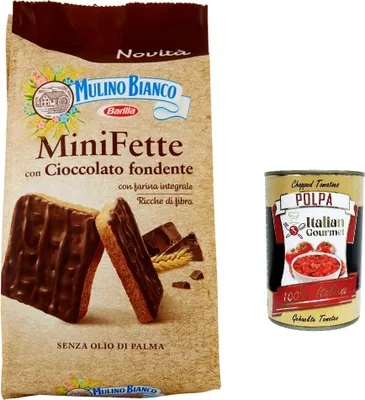 Produktbild von 12x Mulino Bianco Mini Fette integrali mit dunkler Schokolade, reich an Ballaststoffen, Vollkorn-Zwieback ohne Palmöl 110 g + Italian gourmet polpa 400g