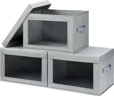 Immagine prodotto di Set di contenitori imbottiti con coperchio - Scatola portaoggetti pieghevole con finestra - Scatola portaoggetti in tessuto con manici - Organizer da armadio per vestiti, giocattoli, libri (grigio)