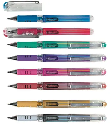 Immagine prodotto di Pennarello gel con punta fine (0,5 mm), impugnatura in gomma, colore rosa metallizzato, Pentel HybridGel Grip DX