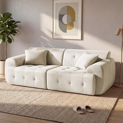 Obrázek produktu pro Dvoumístná pohovka COMHOMA, 180 x 86 x 40 cm, nízká pohovka, pohovka s opěrkou, polštáři a područkami, moderní látková pohovka do obývacího pokoje, bytu nebo kanceláře, béžová