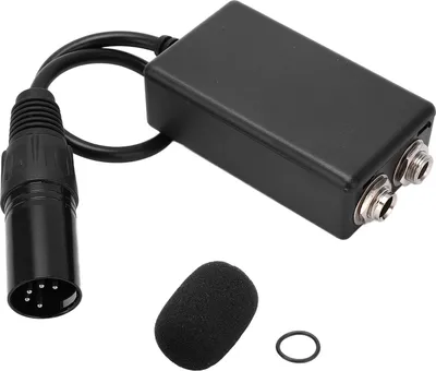 A black aviation headset adapter with a GA dual plug on one end and a 5-pin XLR connector on the other, along with a small foam windscreen and a rubber ring.
