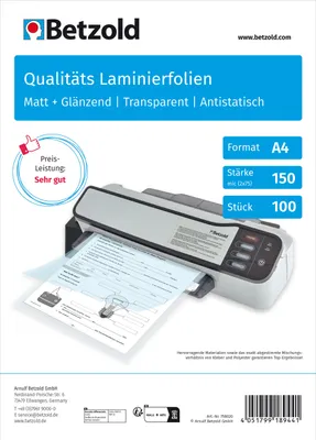 Produktbild von Betzold Laminierfolien DIN A4, 100 Stück, glänzend oder matt, Stärke: 150 mic, Oberfläche: glänzend + matt