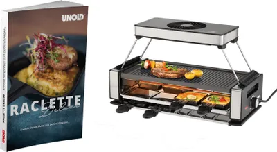 Produktbild von Unold 48985 Raclette Smokeless inkl. Raclette Rezeptbuch mit 50 Rezepten | Rauchfreier Raclette-Grill für 8 Personen mit Dunstabzugshaube, 1200W