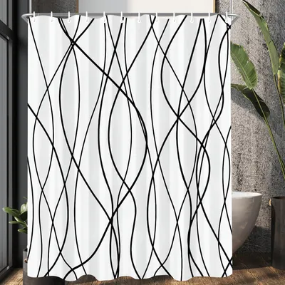 Productafbeelding van Douchegordijn, 120x200 cm, zwart geometrisch patroon, verzwaard voetstuk, schimmelwerend, waterafstotend, wasbaar polyester douchegordijn met 12 ringen en bevestigingsogen, geschikt voor badkamer en bad.