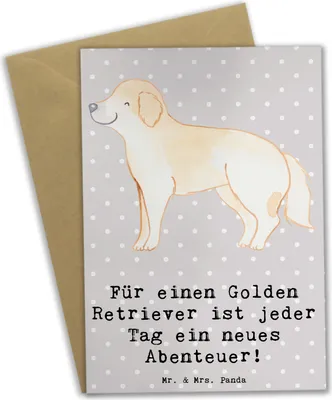 Produktbild von Mr. & Mrs. Panda Glückwunschkarte Golden Retriever Abenteuer - Grau Pastell - Geschenk, weihnachtskarten, einladungskarten, Freude, Hund, genesungskarte, Grußkarte