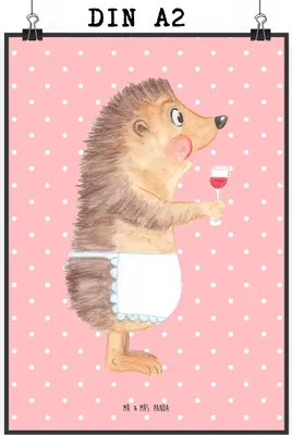 Produktbild von Mr. & Mrs. Panda Bild Igel Wein DIN A2 - Rot Pastell - Geschenk, Weinglas, Wandbild, Weinliebhaber, drucke, Spruch, Plakat, Lustige Sprüche, Weißwein, Rotwein, Kunstdruck