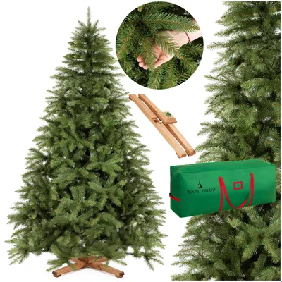 A collage of images showing a Christmas tree, its stand, and storage bag, with a close-up of the tree's branches.