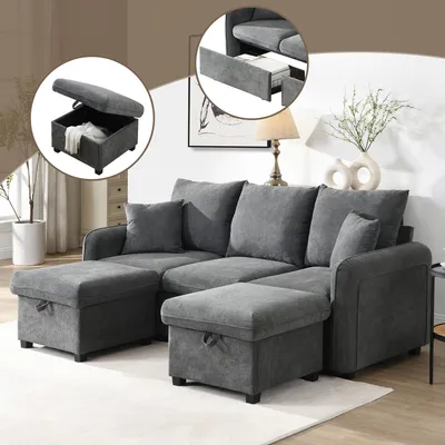 Zdjęcie produktu dla Narożnik wielofunkcyjny Sweiko Sofa tapicerowana 3-osobowa w kształcie litery U z funkcją spania - w tym szuflady + podnóżek ze schowkiem, modułowy zestaw wypoczynkowy z funkcją spania, pokrycie szenilowe
