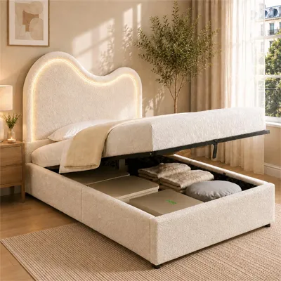 Produktbild von Flieks Hydraulisches Polsterbett 90x200cm mit Led, Kinderbett Einzelbett mit Stauraum, Jugendbett Stauraumbett mit Lattenrost, Bouclé, Weiß