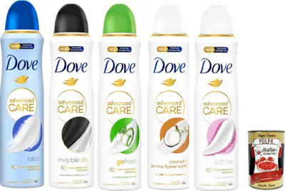 Produktbild von Dove deo Advanced Care Deodorant Testpaket, deo Mit feuchtigkeitsspendenden und empfindlichen Formel,ohne Alkohol, 72 Stunden, 5x 150 ml + Italian Gourmet polpa 400g