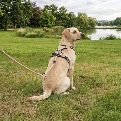 Image de Harnais anti-traction Belviona pour chien, harnais rembourré en Y avec poignée de contrôle, réfléchissant et réglable, taille L, beige