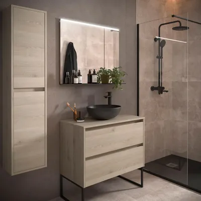 Image de Meubles de salle de bain BALTIC 900, 2 tiroirs, finition naturelle + plan de vasque