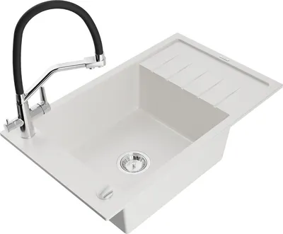 Produktbild von Mexen Elias 1 Becken-Granitspüle mit Abtropffläche und Mischbatterie Duo, Weiß - 6511-20-671701-07