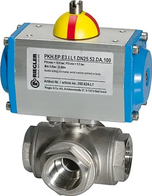 Produktbild von Riegler Edelstahl-Kugelhahn, pneumat. Stellantrieb doppeltwirkend, L-Bohrung, Rp 1/2