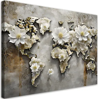 Produktbild von Leinwandbild Blumen Weltkarte 120x80 Feeby Weiß bild für die wand bereit zum aufhängen