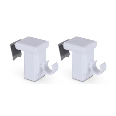 Two white curtain rod holders with gray metal hooks against a white background.