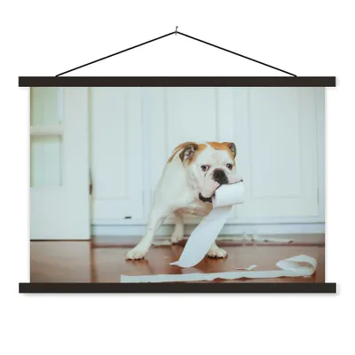 Produktbild von MuchoWow® Textilposter Hund spielt mit Toilettenpapier 120x80 cm mit schwarzem Rahmen - Wanddeko